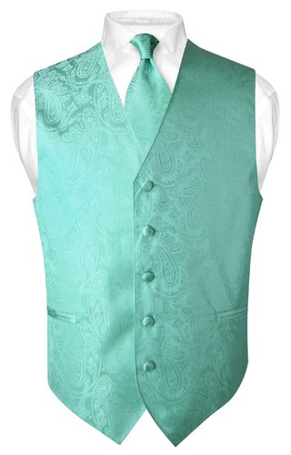 Men's Dress VEST NeckTie for Suit AQUA GREEN Color PAISLEY Design Tie Hanky M - Picture 2 of 3