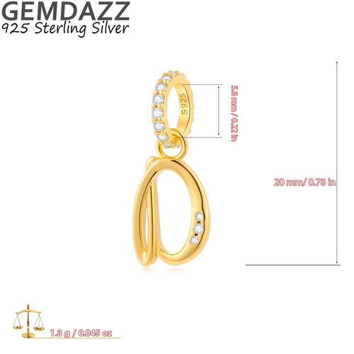 18k Yellow Gold Plated Letter D Pendant Charm, 925 Sterling Silver Initial Alpha - Picture 2 of 6
