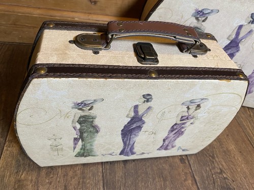 Vintage Wooden French Fashion Storage Box Medium & large Suitcase x2 - Picture 4 of 10