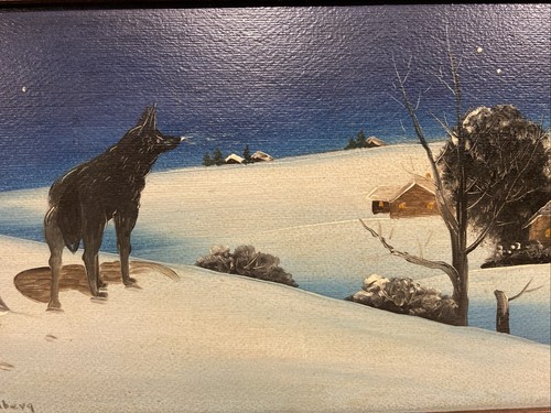 Arte enmarcado vintage antiguo firmado original óleo sobre tablero duro “Winter Wolf” 10x20” - Imagen 5 de 14