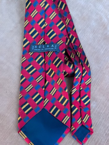 1 SULKA Silk Neckties Tie Made In France Geometric Navy Blue Red Gold 58” - Picture 2 of 2
