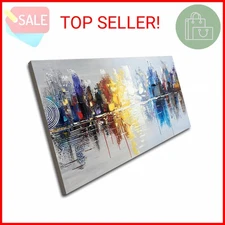 Hand-painted Textured City Oil Painting on Canvas Reflection Abstract Cityscape 