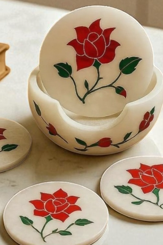 4" Handmade White Marble Coaster Set Red Rose Floral Inlay Art Coaster Set Decor - Picture 3 of 10