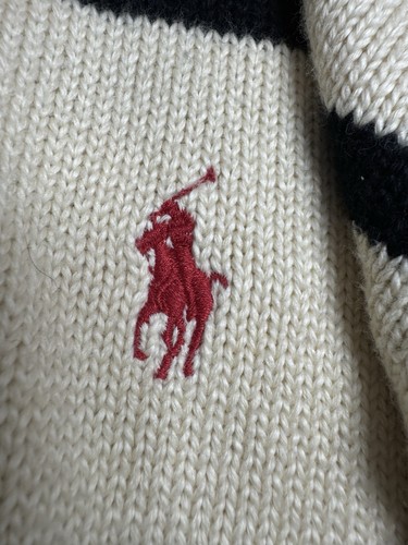 Jersey POLO RALPH LAUREN Para Hombres Crema Rayas 1/4 Cremallera Tejido Apretado M - Imagen 8 de 9