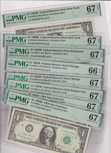 Fr 1902-B,E,GJ,L 1963B BARR ALL 8 NOTES IN SUPERB GEM CU PMG 67EPQ/66EPQ 1963-B - Picture 2 of 10