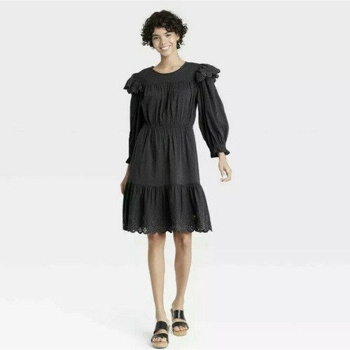Universal Thread Women's Large Ruffle Long Sleeve Dress Black W/Pockets NWT - Picture 8 of 8