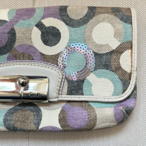 COACH Kristin Op Art Sequin Wristlet Wallet Flap Clutch Sm Purse Bag Logo Canvas - Picture 5 of 19