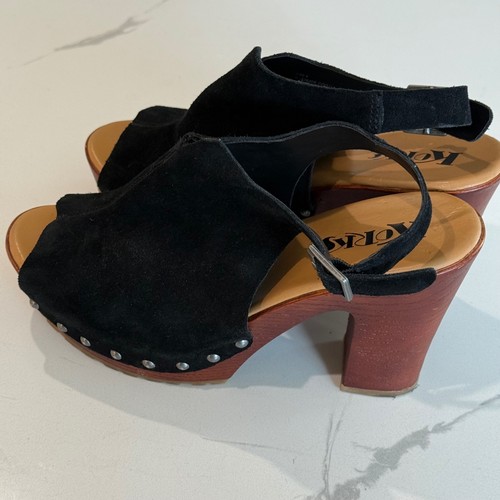 Korks Black Suede Leather Peep Toe Slingback Wood Heel Sz 9 Platform Clog Sandal - Picture 6 of 12