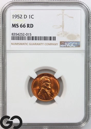 1952-D Lincoln Cent Wheat Penny, Cherry Red, NGC MS 66 RD