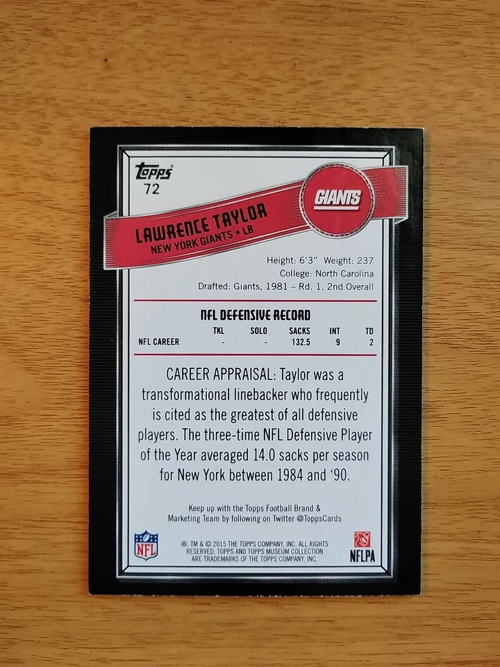 LAWRENCE TAYLOR 2015 TOPPS MUSEUM COLLECTION FOOTBALL CARD-#72-NY GIANTS 🏈🔥 - Image 2 of 2