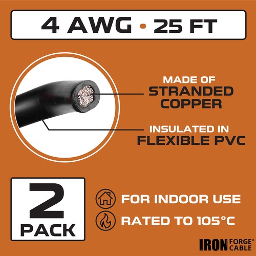 Cable de forja de hierro calibre 4 cable primario paquete de 2 - 25 ft puro OFC cobre libre de oxígeno - Imagen 3 de 7