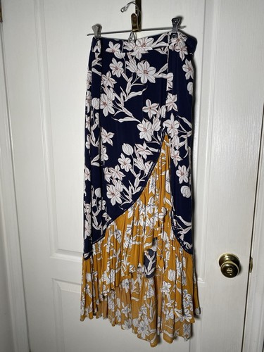 SOLiTAiRE Floral Navy Yellow Women's L Maxi Skirt Rayon Crochet Boho Flowy Wrap