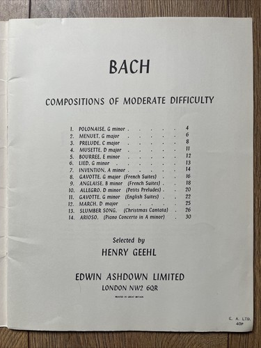 BACH Selected Compositions of Moderate Difficulty - Henry Geehl/ Edwin Ashdown - Picture 3 of 7