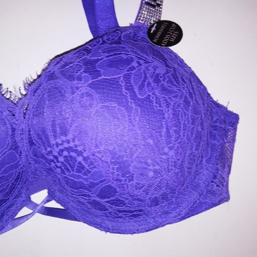Victoria Secret Bra 32A Bombshell Push Up Purple Lace Shine Strap Logo New - Picture 5 of 9