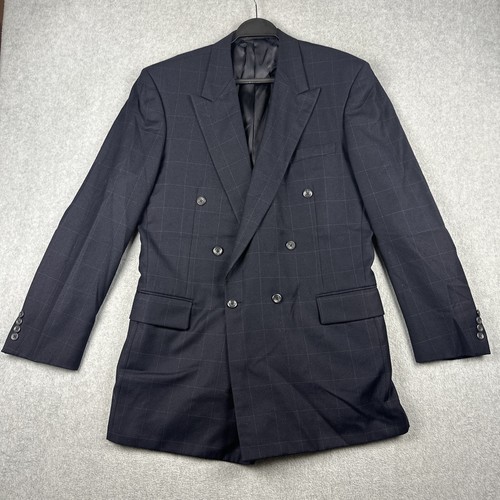Tom James Suit 2 Pc 44L 30W Full Suit Blue Windowpane 100% Wool Double Breasted - Picture 2 of 18