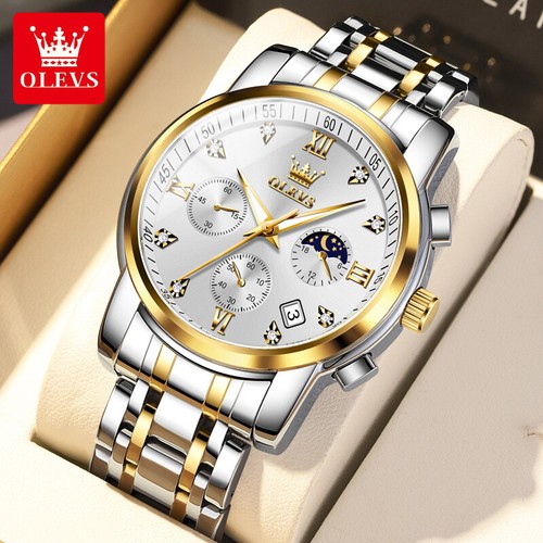 Orologi da Polso OLEVS Uomo Acciaio Inox Fasi Lunari Zirconi Data Timer Quarzo - Foto 14 di 19