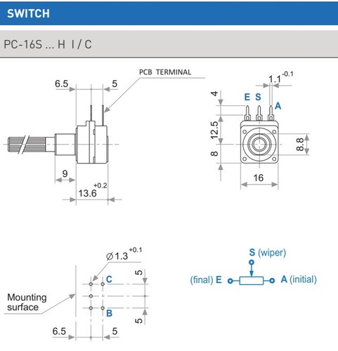 1 PC. Potenciómetro Piher a prueba de polvo 470K mono lineal 6 mm con interruptor PC16S - Imagen 2 de 2