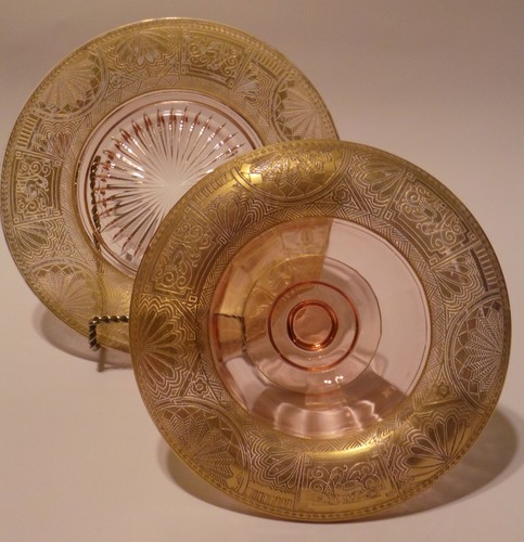 Scarce Cambridge Pink Glass Lotus Etch Flamingo Sun bowl & plate Gold Encrusted - Picture 9 of 18