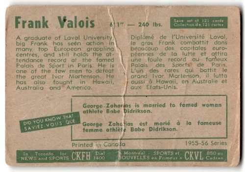 1955 Parkhurst Frank Valois #1 B - Picture 2 of 2