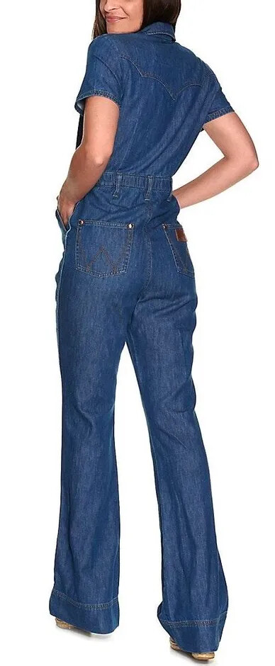 Wrangler L NWT Denim Zip Front Western Flare Coveralls Jumpsuit Jeans Boilersuit
