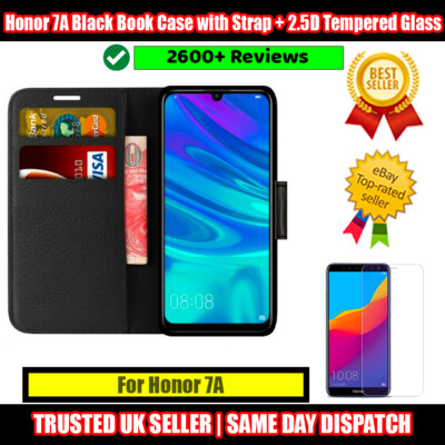 Honor 7A AUM-AL00IN Black Book Flip mit Band + Hartglas Displayschutzfolie