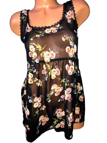 Pacsun Kirra Tank Top XS Sheer Chiffon Floral Babydoll Black Lace Trim Vtg Y2K