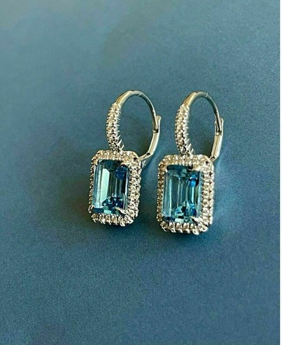 3Ct Emerald Cut Simulated Blue Topaz Drop/Dangle Earrings 14K White Gold Plated - Picture 6 of 6