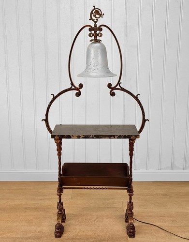 Antique Oscar Bach Victorian Marble Library Lamp Table w/ Griffin Motif - Picture 2 of 12