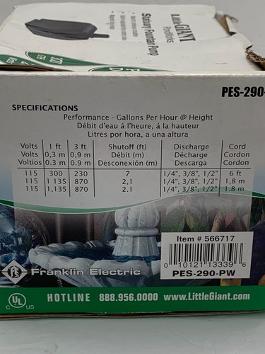 Little Giant PES-290-PW Fountain & Statuary Pump, 300 GPH new - Picture 5 of 5