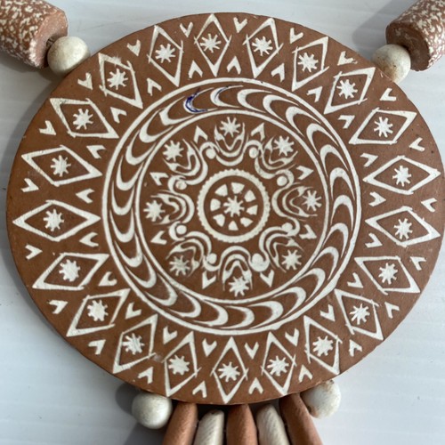 Artisan Hardened Terracotta Clay Carved Bead Boho Gypsy Statement Necklace 40cm - Picture 6 of 12