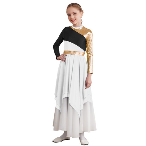 Girls Metallic Liturgical Praise Dance Dress Church Robe Lyrical Worship Costume - Picture 36 of 104