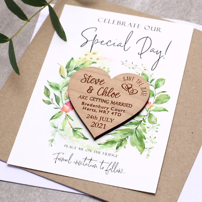 Save The Date Wooden Heart Magnets PERSONALISED Eucalyuptus Save The Date Cards