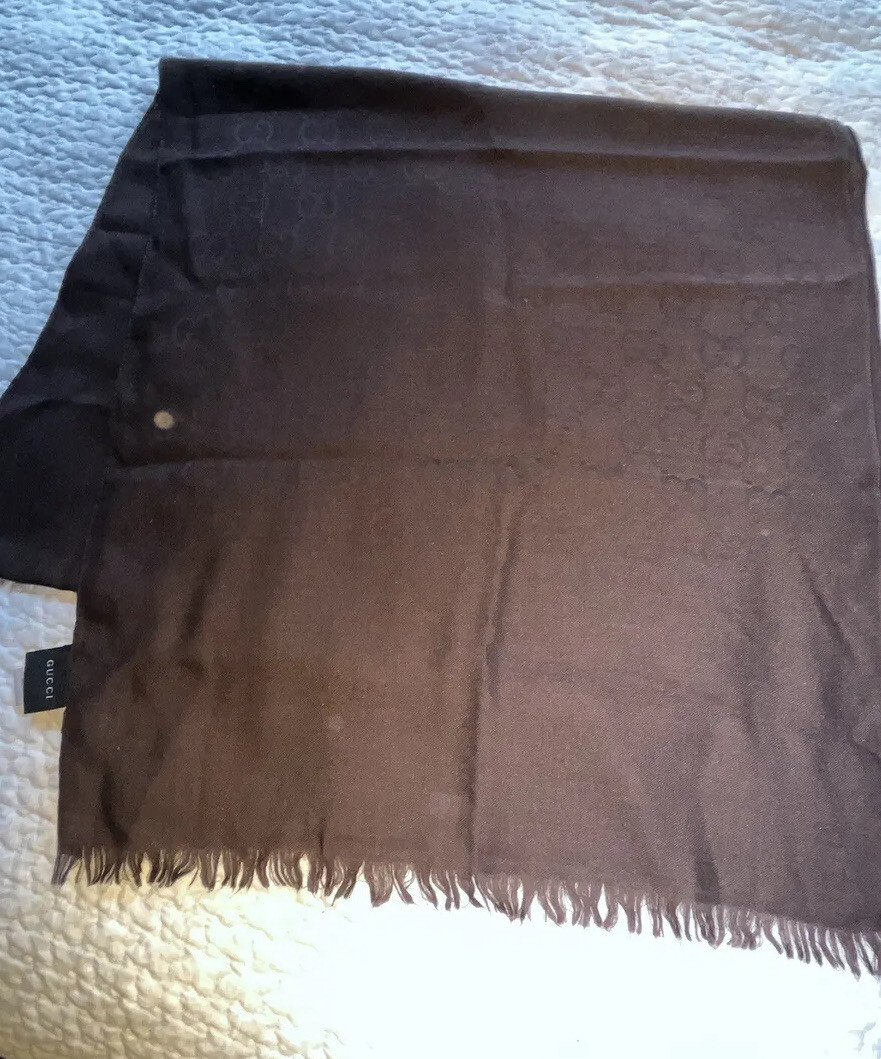 Gucci Brown GG Logo Wool/Silk Long Scarf Wrap Authentic
