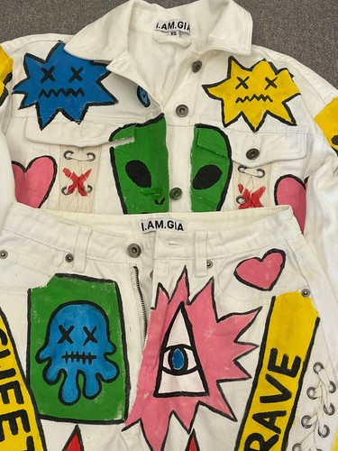 REDUCED RARE Festival Wear Jam Vintage Custom Art Denim I Am Gia Jacket & Skirt - Picture 2 of 12