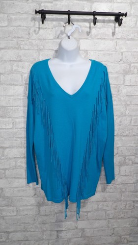 Vince Camuto Turquoise Blue V-Neck Fringe Knit Sweater Pullover Size Medium - Picture 2 of 15