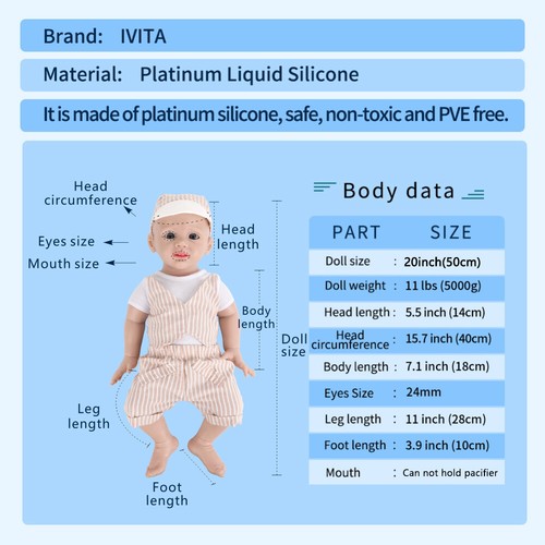 21'' IVITA Big Reborn Baby Boy Sililcone Baby Floppy Silicone Doll Kids Gift - Picture 9 of 13