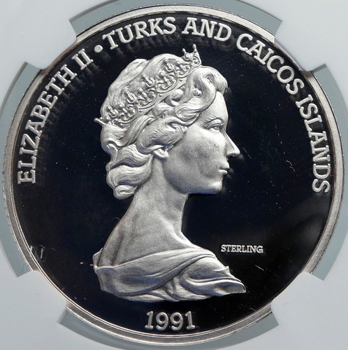 1991 TURKS AND CAICOS Columbus CARRIBIEAN OLD Silver 20 Crown Coin NGC i89103 - Picture 2 of 5