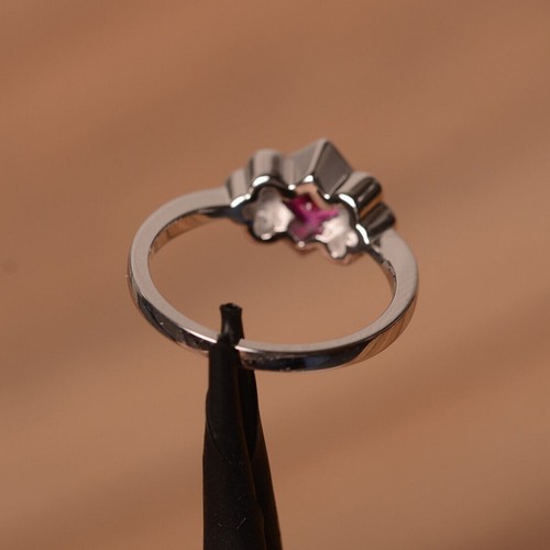 925 Sterling Silver Pink Ruby Ring Lab Created Gemstone Women Minimal Ring - Picture 4 of 5