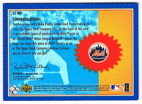 2002 Upper Deck Sons of Summer Mike Piazza Game Used Pants Relic New York Mets - Picture 2 of 2