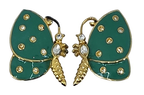 VINTAGE JUDITH LEIBER ENAMEL RHINESTONE JEWELED BUTTERFLY CLIP-ON EARRINGS
