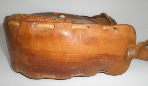 Vintage handbesetzte Leder Handtasche Mexiko Pyramide Blumen braun 9" Boho Hippie - Bild 7 von 11