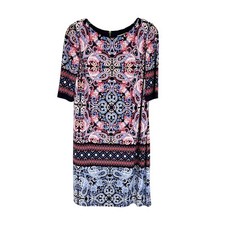 Eliza J Shift Dress Womens Size 12 Navy Blue Pink Paisley Stretch Knit Lined