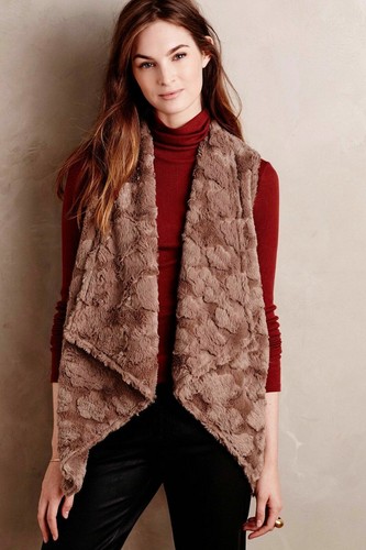 ANTHROPOLOGIE ELEVENSES womens size M Pelage brown faux fur open front vest - Picture 1 of 5