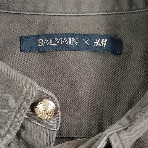Balmain x H&M Men's Large Shirt Khaki Military Style Gold Buttons Heavy Cotton - Picture 2 of 13