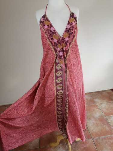 RAGA WOMENS HALTER MAXI DRESS PINK PURPLE FLORAL EMBROIDERED XS - Picture 3 of 12