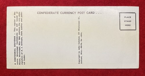 *REPRINT-MISSISSIPPI CONFEDERATE $3 BILL* CENTENNIAL SOUVENIR CURRENCY POSTCARD! - Picture 10 of 15