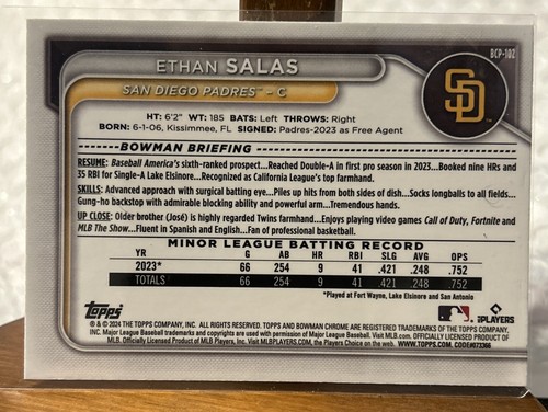 2024 Bowman - Chrome Prospects Purple Refractor #BCP-102 Ethan Salas /250 (RC) - Bild 2 von 3