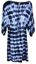 Two Tone Medium Blue Soft Tie-Dye Stretch Dress-Swim Cover Up-Flared Sleeve EUC
