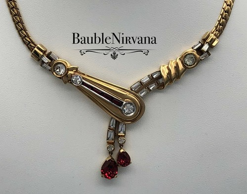 Vintage Mazer Bros Gorgeous Red&Rhinestone Baguette Drape Necklace&Earrings Set - Picture 2 of 11