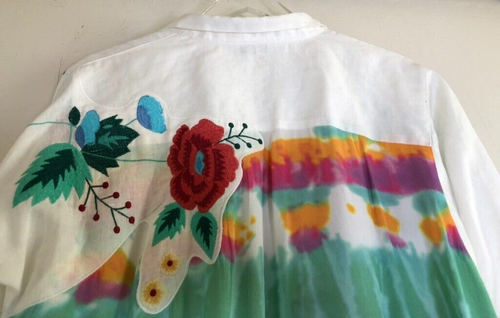 NWOT John Mark Sz Large 100% Linen Tunic Shirt Floral Embroidered Contrast Back - Picture 7 of 18